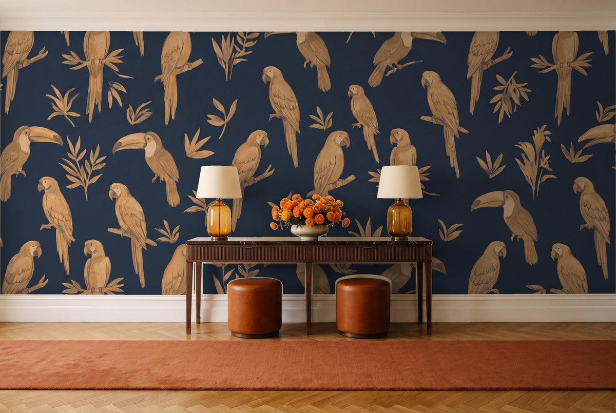 Blue And Gold Parrot Animal Mural in an entryway