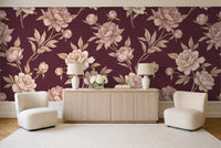 Burgundy Peony Floral Mural in a living room