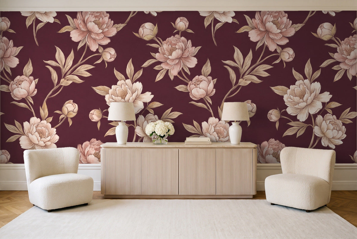 Burgundy Peony Floral Mural in a living room