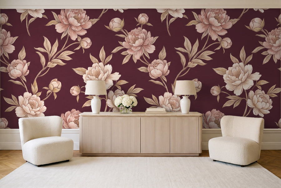 Burgundy Peony Floral Mural on a wall