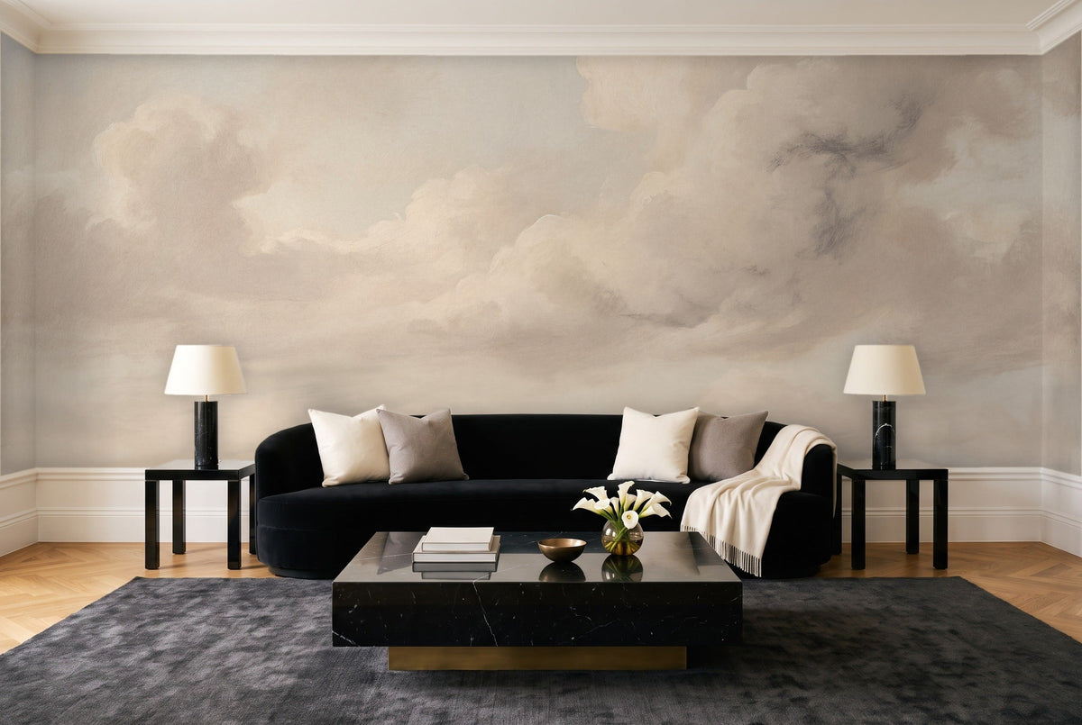 Cream Clouds Landscape Mural in a living room