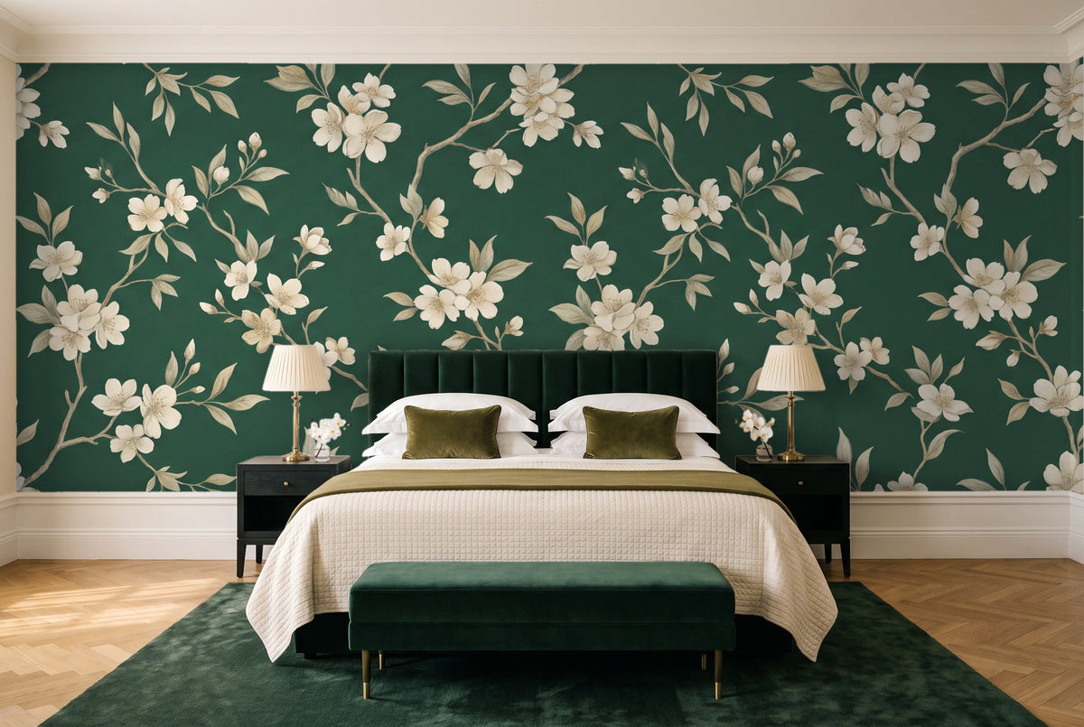 Emerald Cherry Blossom Floral Mural in a bedroom