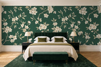 Emerald Cherry Blossom Floral Mural in a bedroom