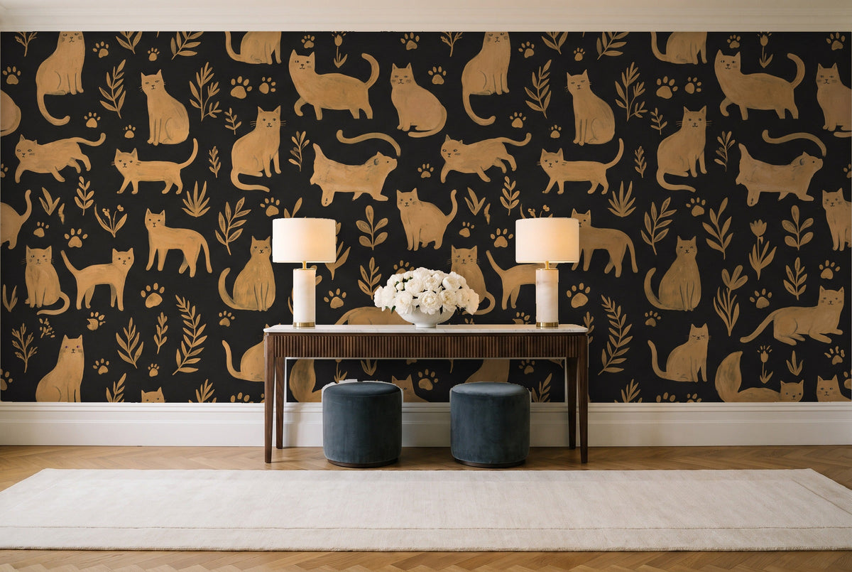 Black And Gold Cat Animal Mural in an entryway
