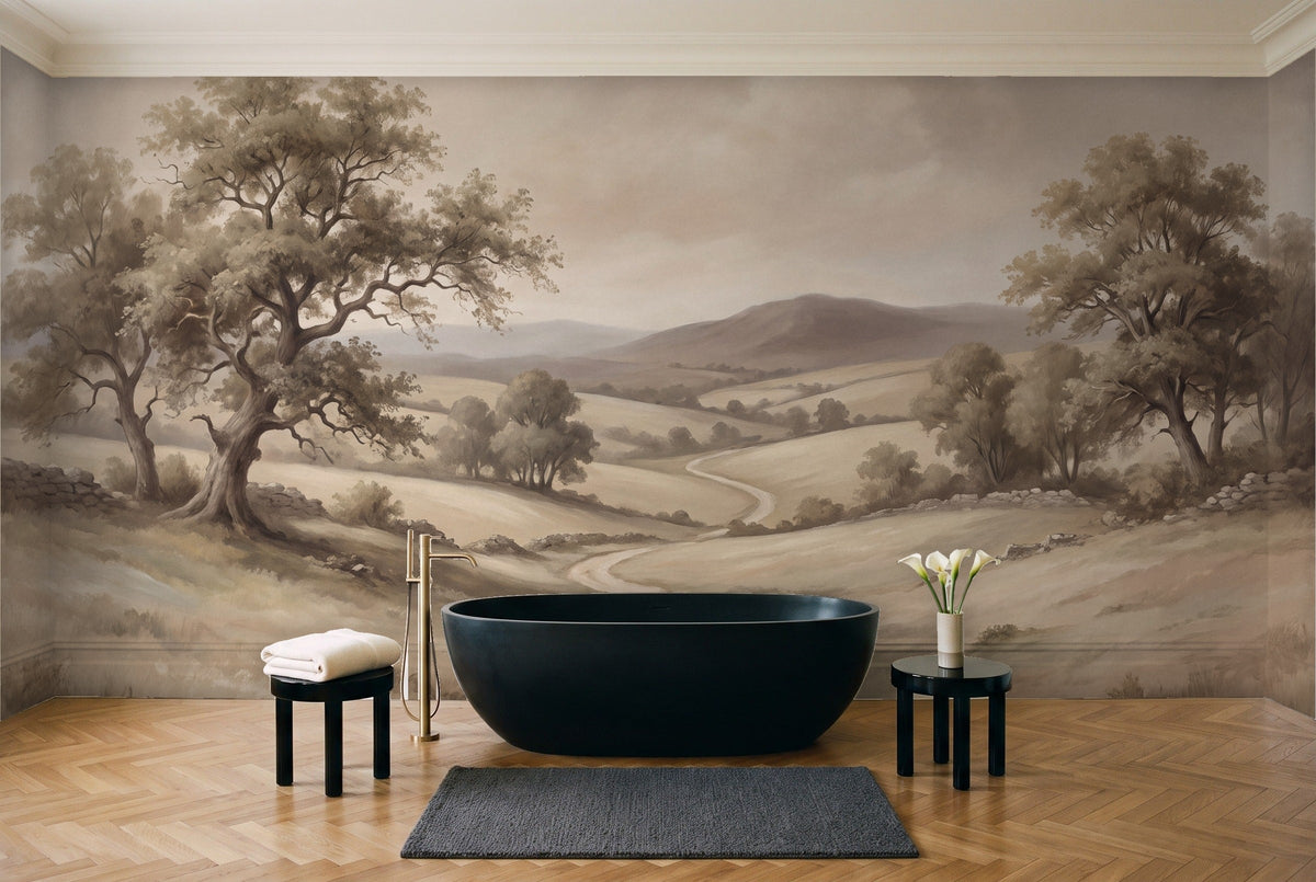 Beige Countryside Landscape Mural in a bathroom