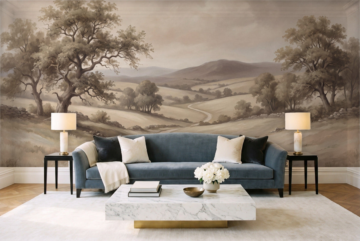 Beige Countryside Landscape Mural in a living room