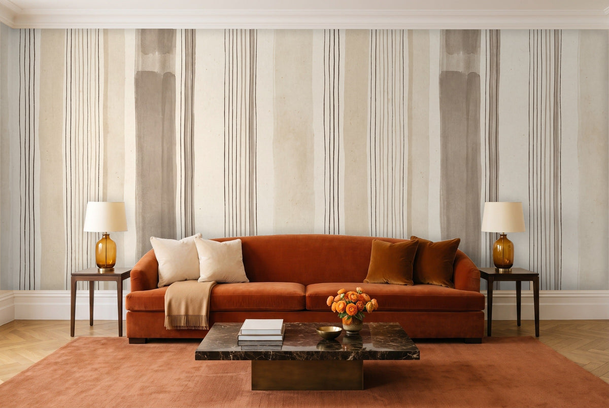 Beige Stripe Mural in a living room