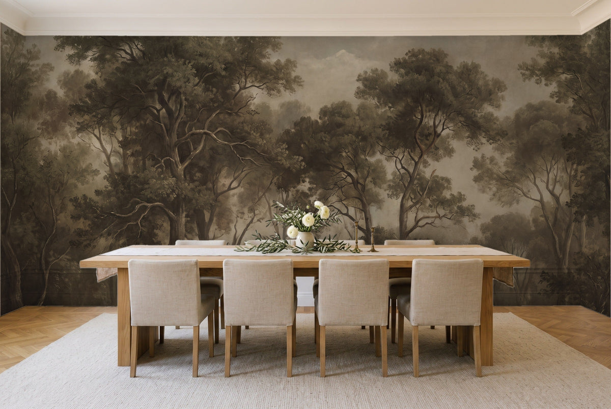 Olive Forest Landscape Mural in a dining room