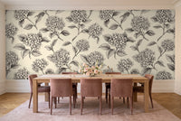 Black And White Hydrangea Floral Mural in a dining room