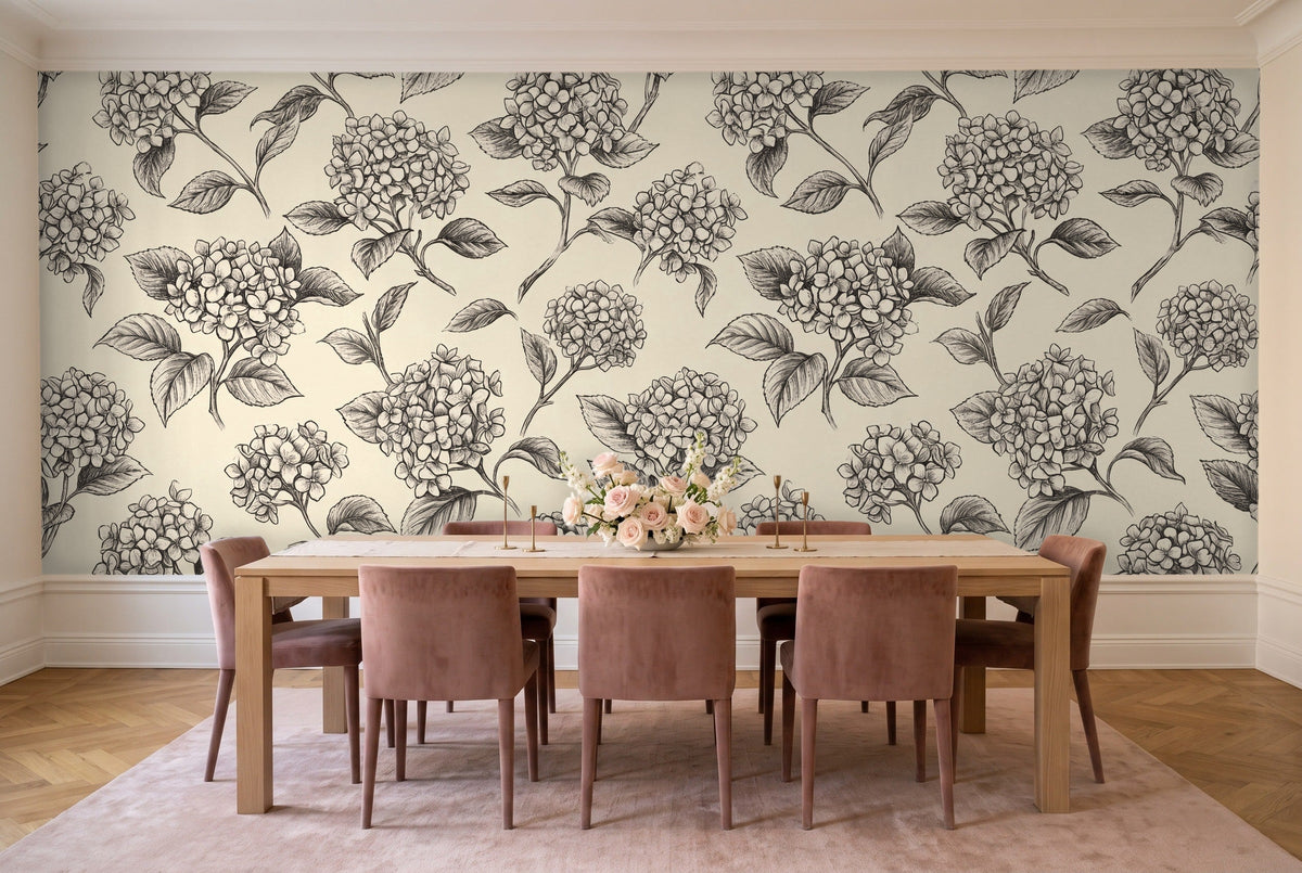 Black And White Hydrangea Floral Mural in a dining room