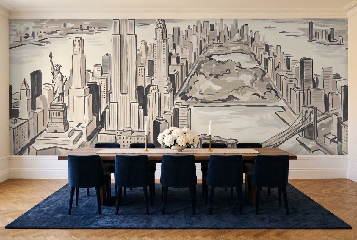 Cream New York Cityscape Mural in a dining room