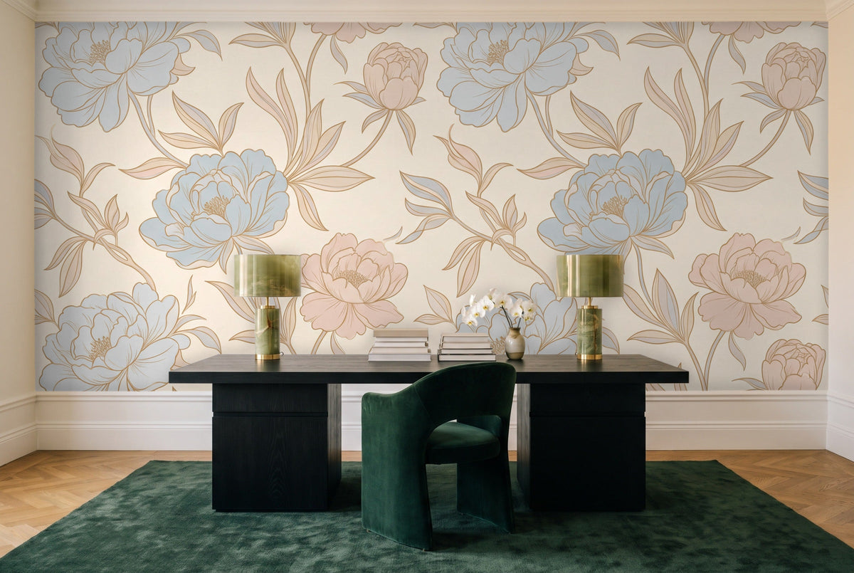 Blue And Pink Peony Floral Mural in a home office