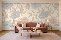 Blue And Pink Peony Floral Mural in a living room