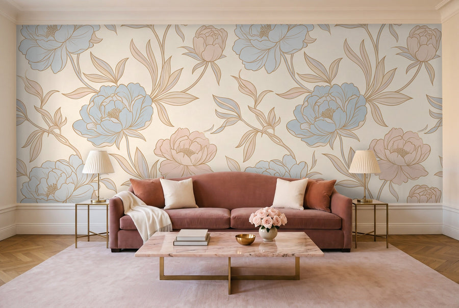 Blue And Pink Peony Floral Mural on a wall