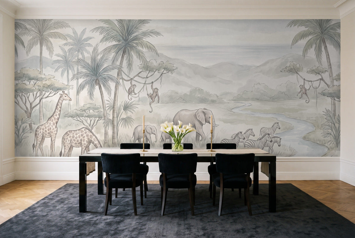 Sage Jungle Animals Landscape Mural in a dining room