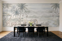 Sage Jungle Animals Landscape Mural in a dining room