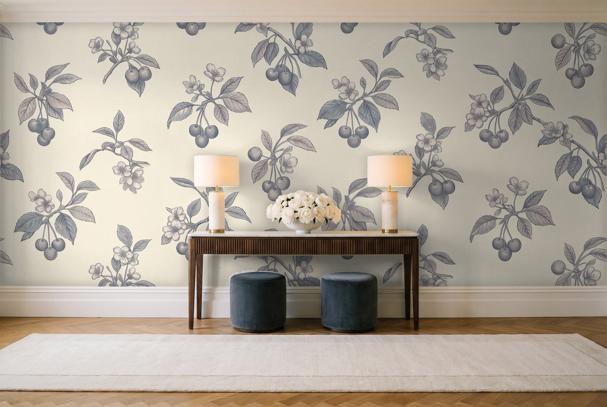 Blue And Grey Cherry Botanical Mural in an entryway