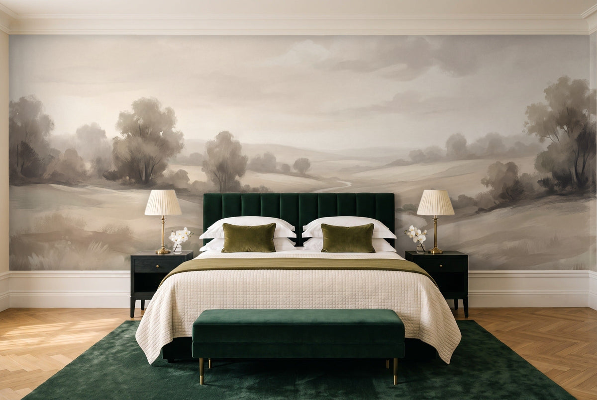 Cream Meadow Landscape Mural in a bedroom