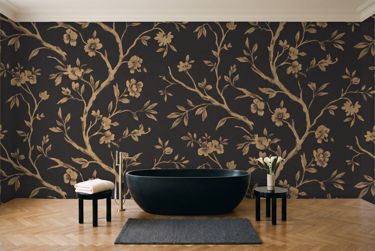 Black And Gold Birch Botanical Mural in a bathroom