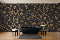 Black And Gold Birch Botanical Mural in a bathroom