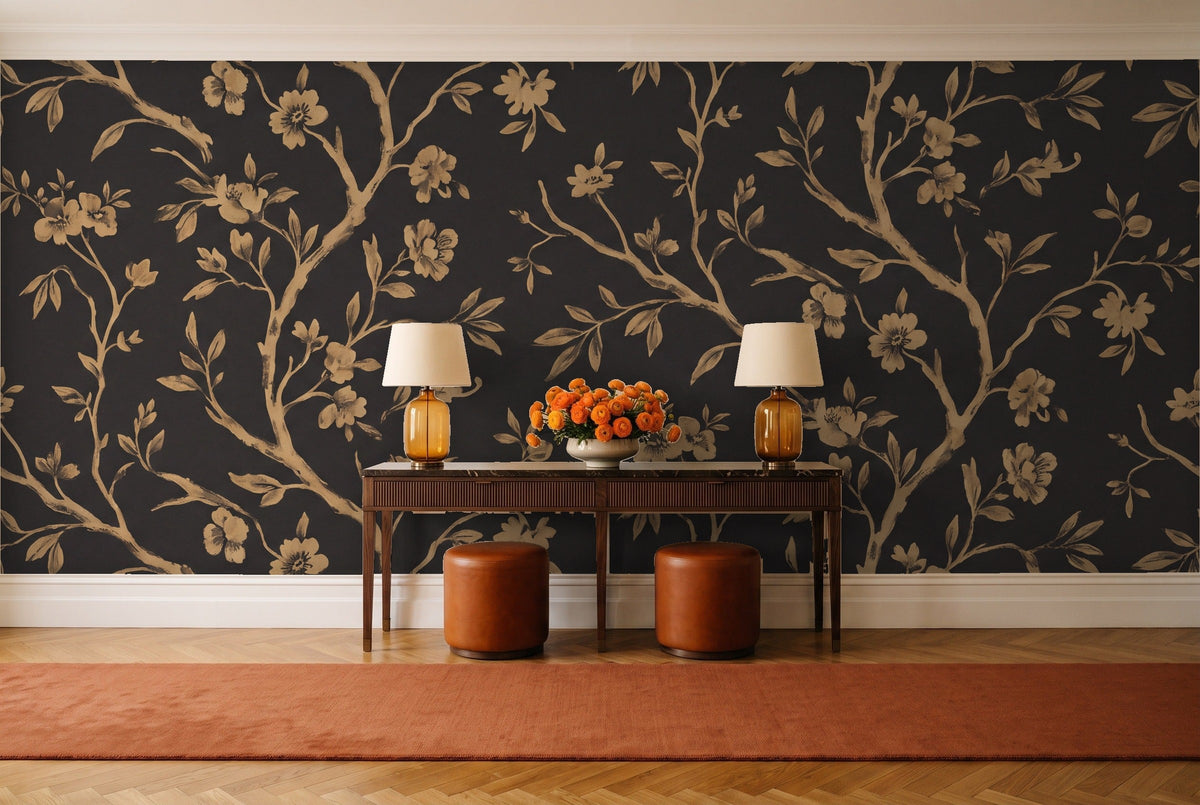 Black And Gold Birch Botanical Mural in an entryway