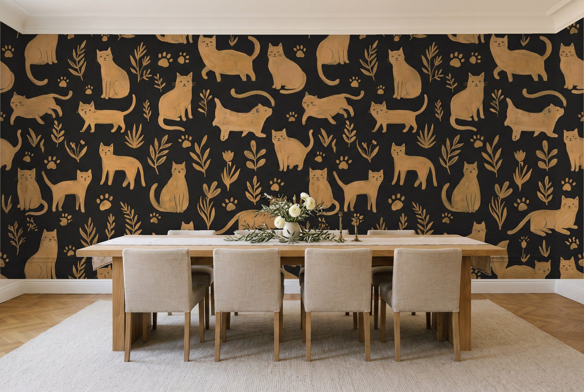 Black And Gold Cat Animal Mural in a dining room