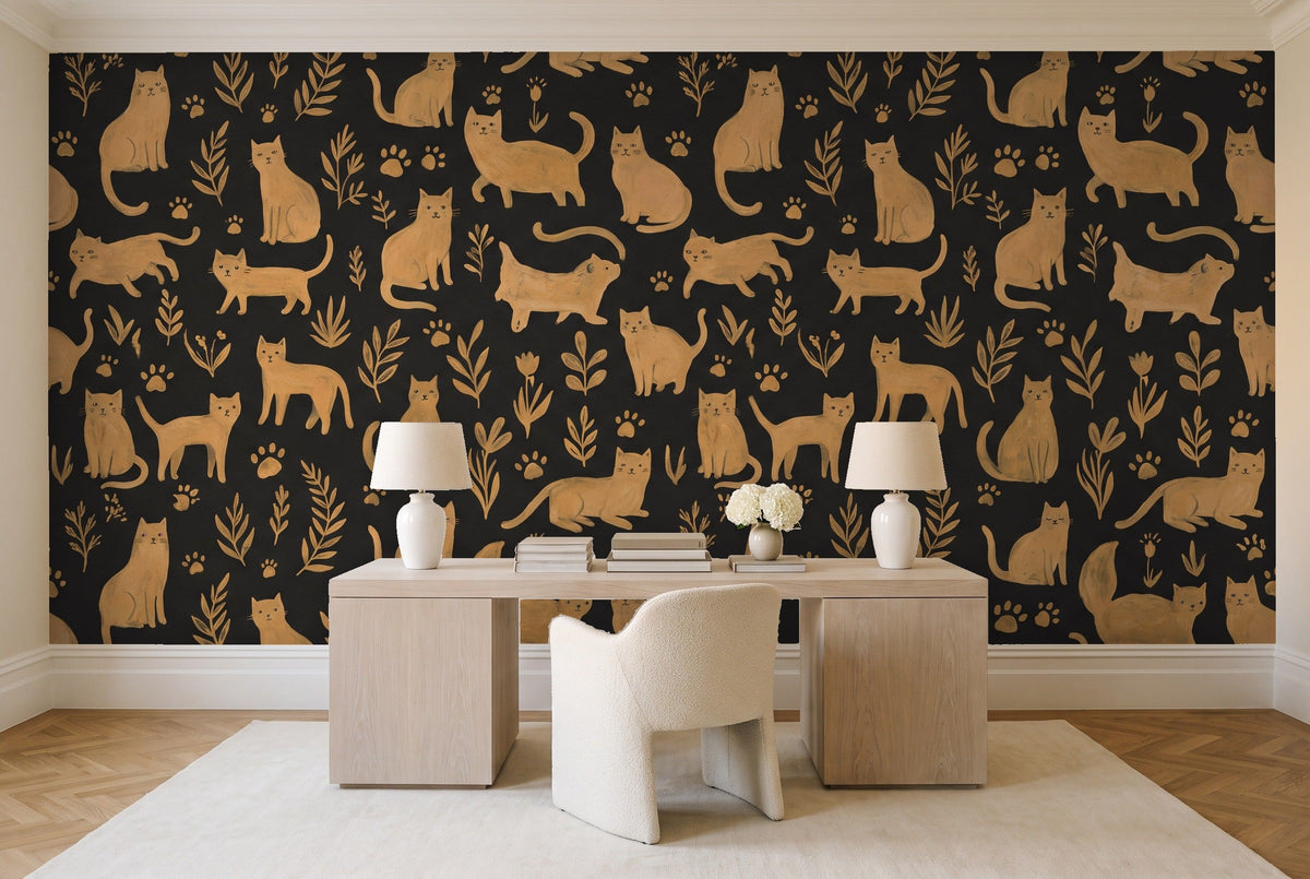 Black And Gold Cat Animal Mural in a home office