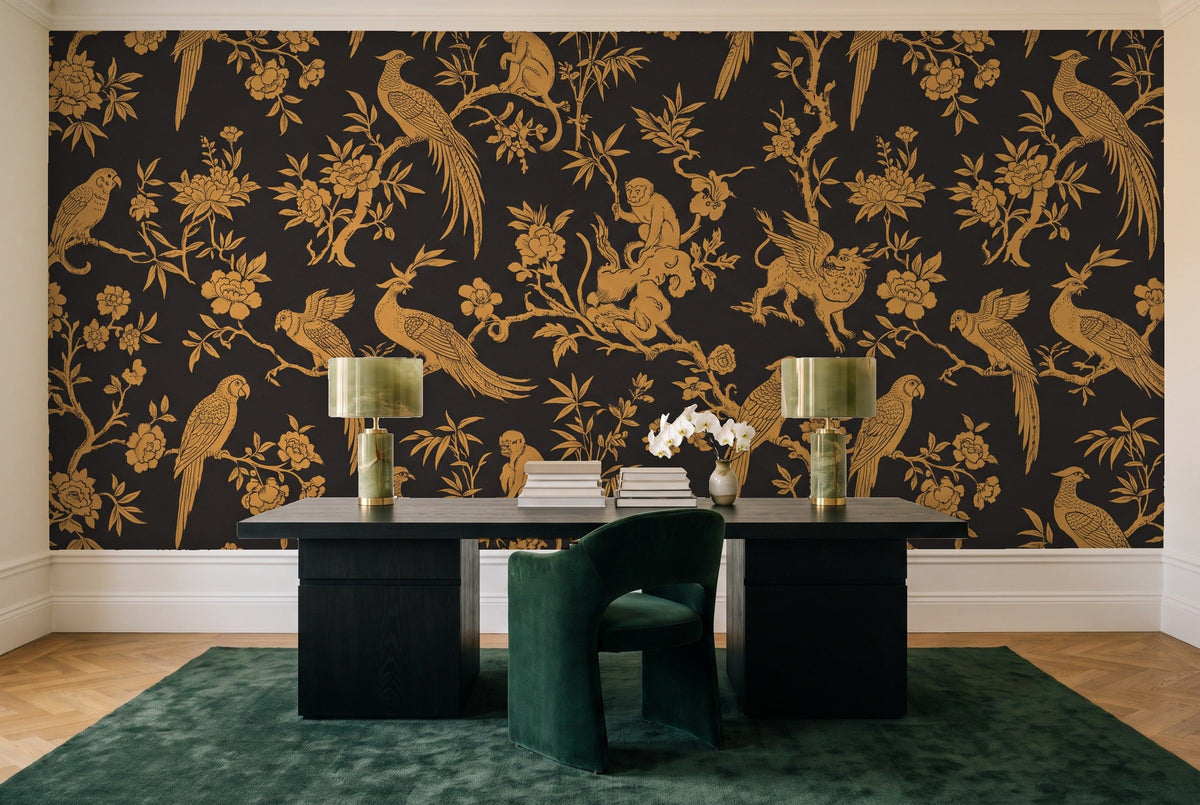 Black And Gold Parrot Animal Mural in a home office