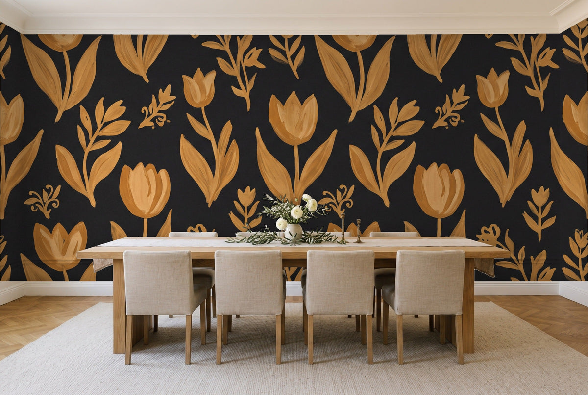 Black And Gold Tulip Floral Mural in a dining room