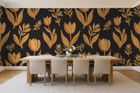 Black And Gold Tulip Floral Mural in a dining room