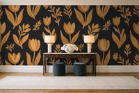 Black And Gold Tulip Floral Mural in an entryway