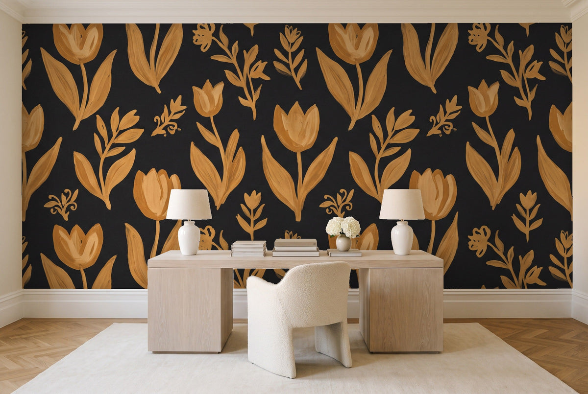 Black And Gold Tulip Floral Mural in a home office