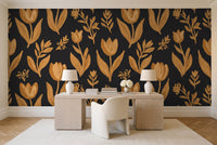 Black And Gold Tulip Floral Mural in a home office