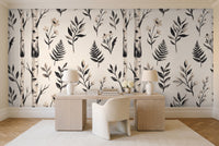 Black And White Birch Botanical Mural in a home office