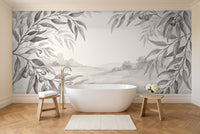 Black And White Eucalyptus Botanical Mural in a bathroom