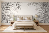 Black And White Eucalyptus Botanical Mural in a bedroom
