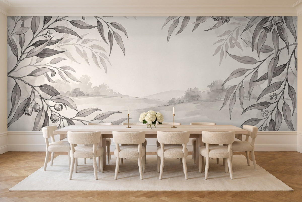 Black And White Eucalyptus Botanical Mural in a dining room