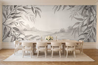 Black And White Eucalyptus Botanical Mural in a dining room
