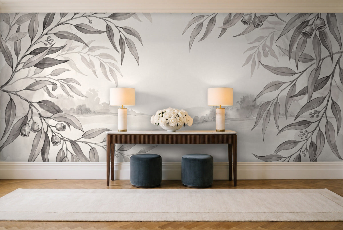 Black And White Eucalyptus Botanical Mural in an entryway