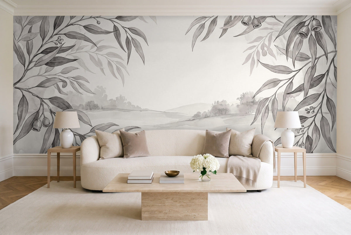 Black And White Eucalyptus Botanical Mural in a living room
