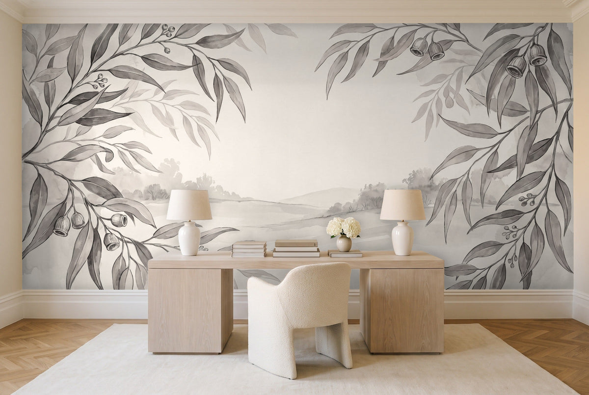 Black And White Eucalyptus Botanical Mural in a home office