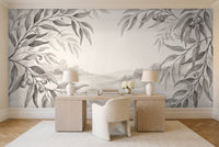 Black And White Eucalyptus Botanical Mural in a home office