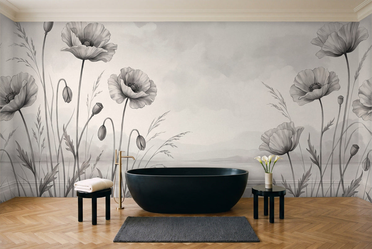 Black And White Poppy Floral Mural in a bathroom