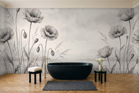 Black And White Poppy Floral Mural in a bathroom