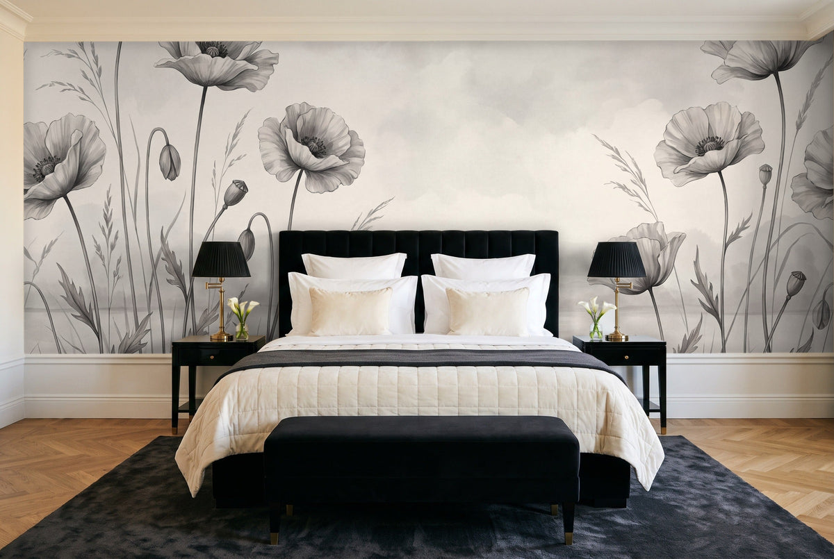 Black And White Poppy Floral Mural in a bedroom