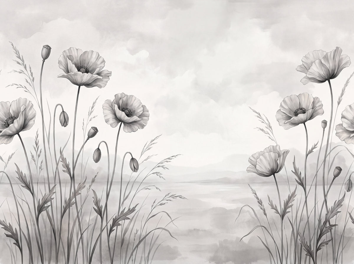 Black And White Poppy Floral Mural