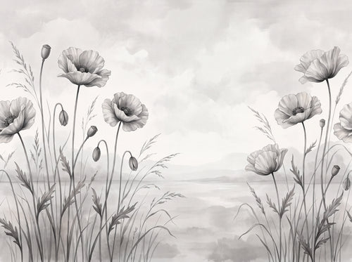 Black And White Poppy Floral Mural sample on the real paper