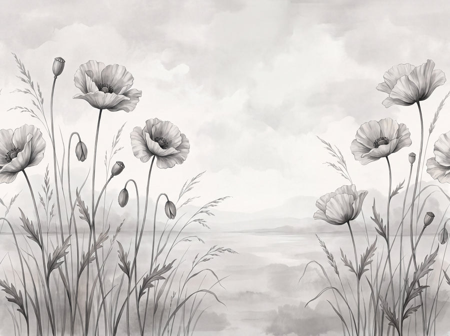 Black And White Poppy Floral Mural, preview of the area printed on your wall