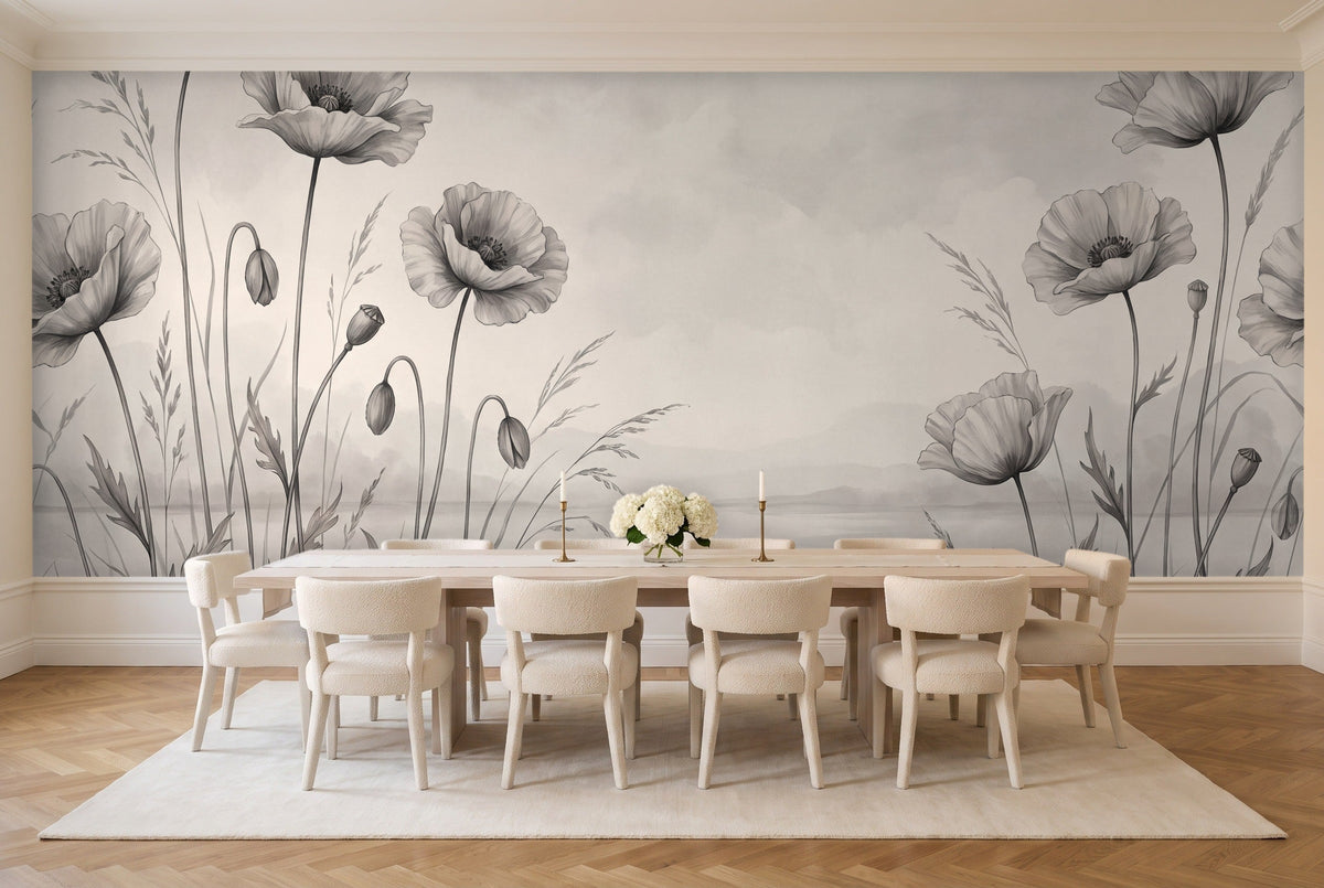 Black And White Poppy Floral Mural in a dining room