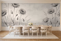 Black And White Poppy Floral Mural in a dining room